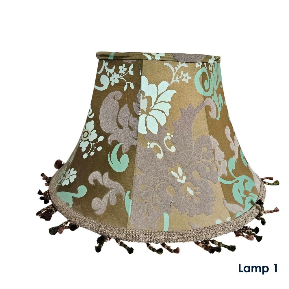 Vintage 1960s Hollywood Regency Lampshade Pair with Tassels, Green Acetate Satin - Picture 2 of 10